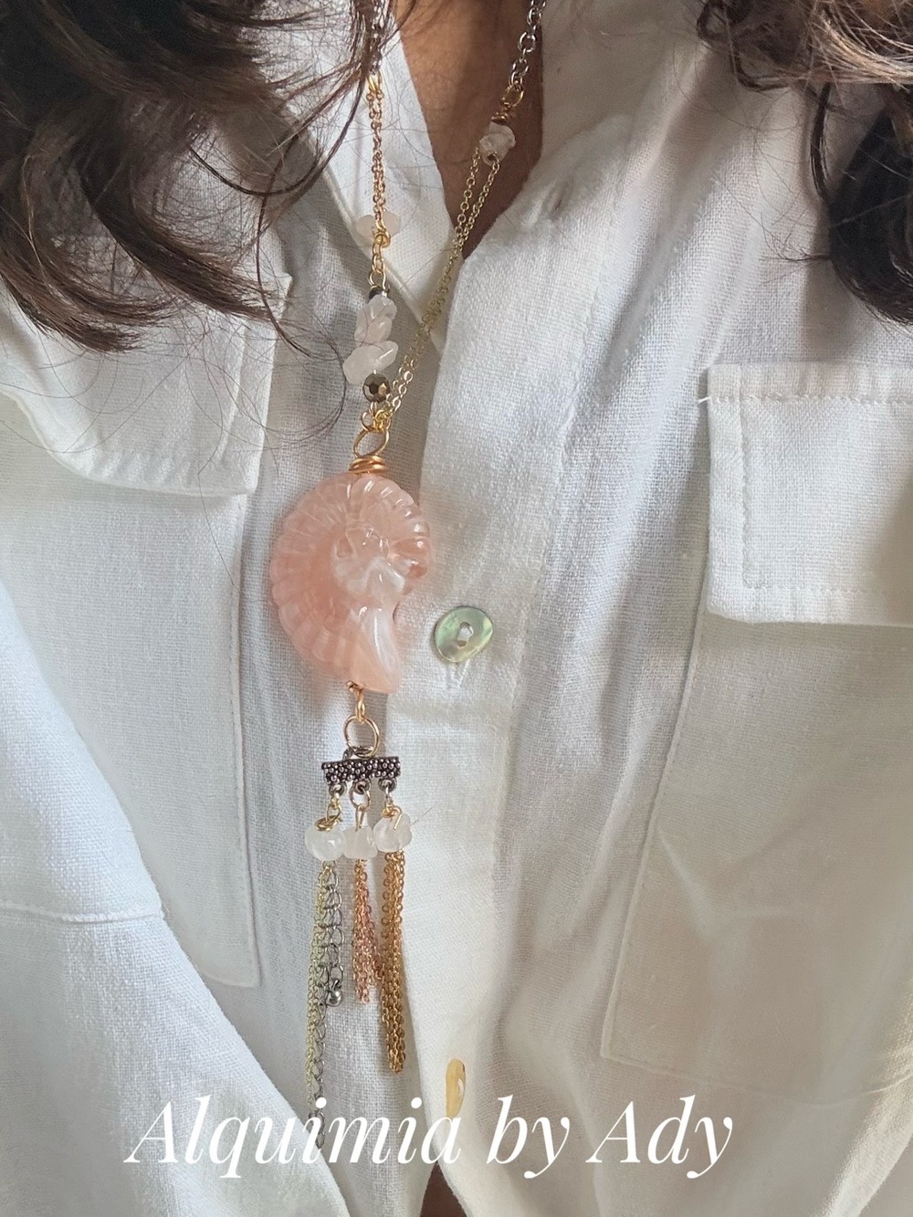 Summer beaded Pink Rose Quartz Nautilus Tassel Necklace - Picture 4 of 11